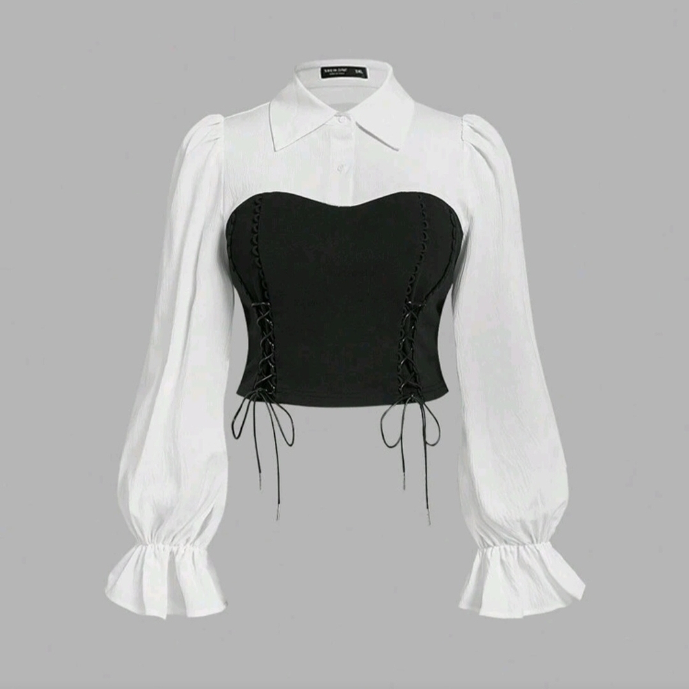 SHEIN Black and White Lace-Up Blouse